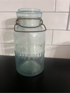 Antique Putnam Aqua Glass Lightning Jar with Wire Bail Late 1800’s